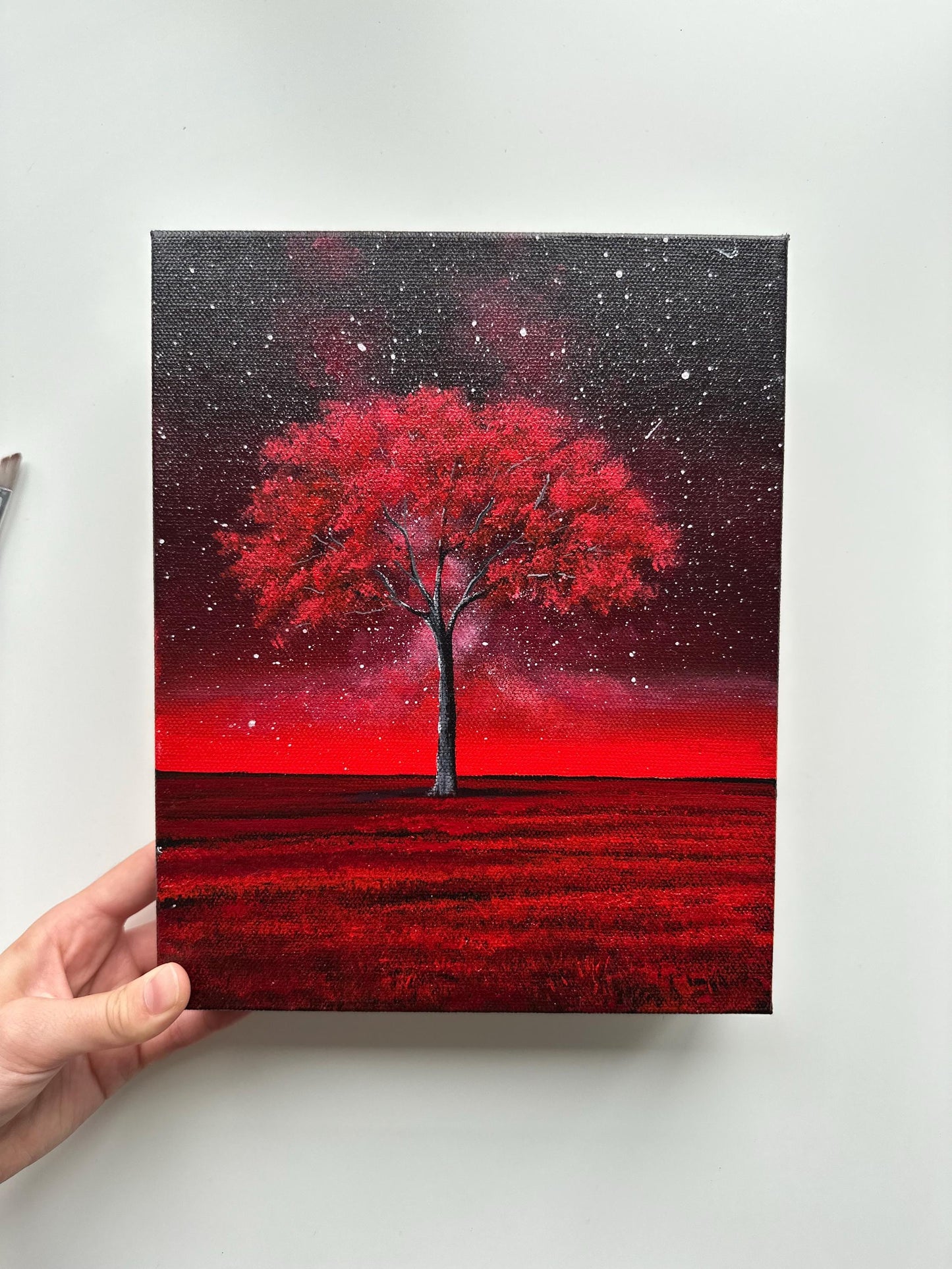 Crimson Tree Under the Stars – 8x10 Acrylic Painting on Gallery-Wrapped Canvas