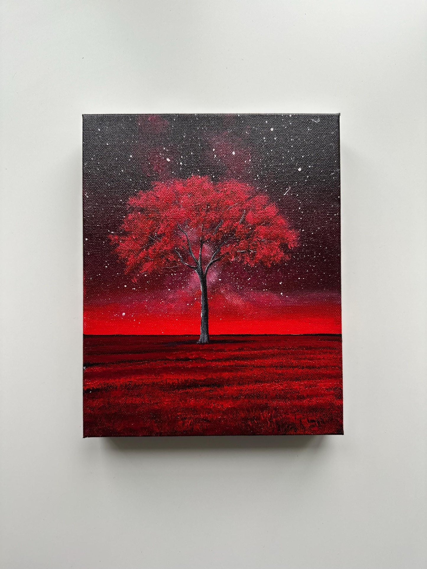 Crimson Tree Under the Stars – 8x10 Acrylic Painting on Gallery-Wrapped Canvas