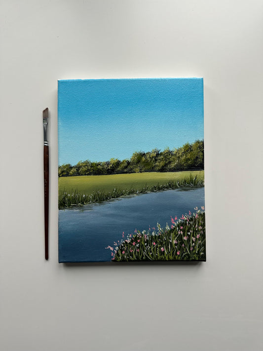 Pink Blooms by the Lake – 8x10 Original Acrylic Landscape Painting