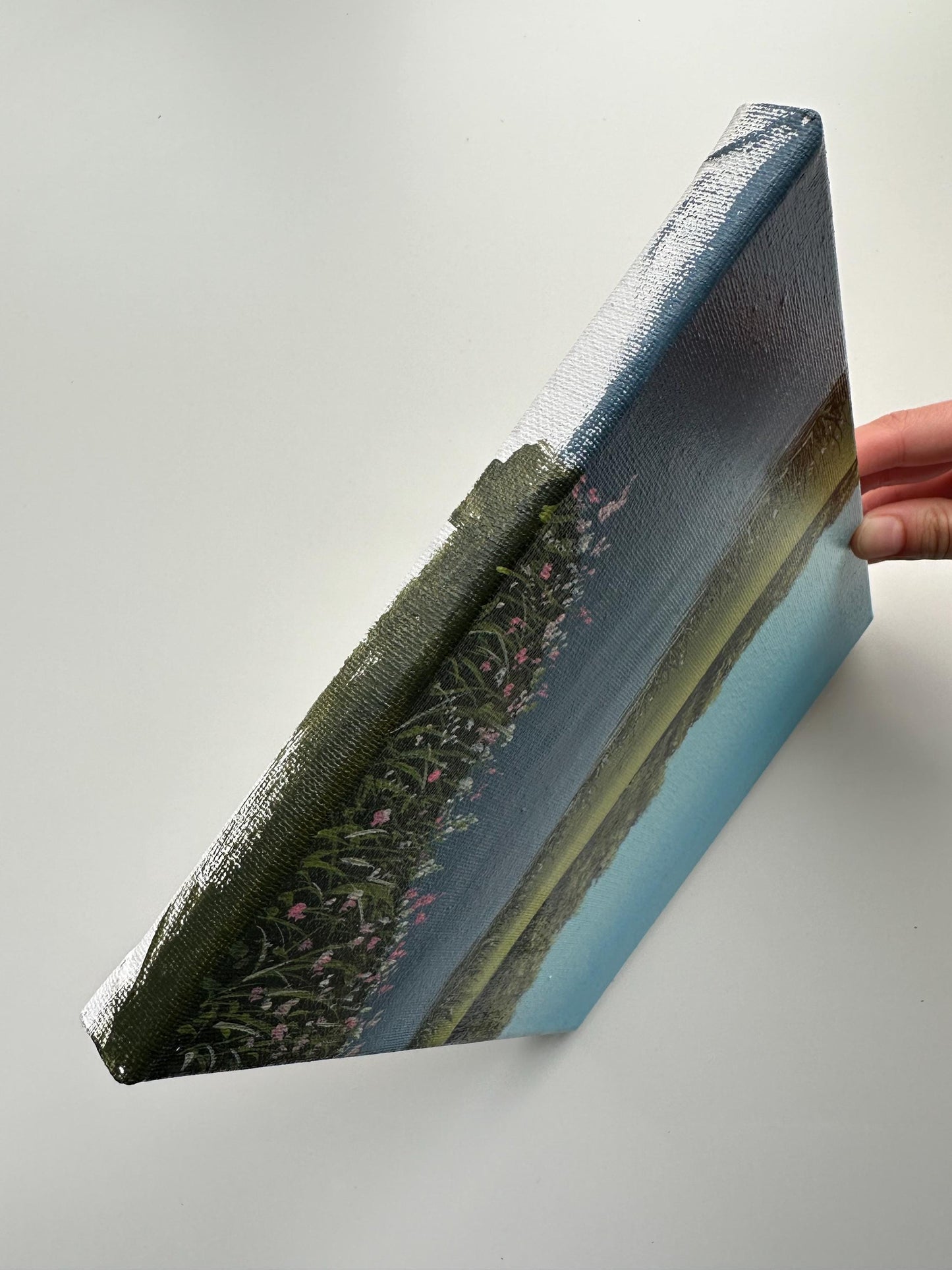 Pink Blooms by the Lake – 8x10 Original Acrylic Landscape Painting