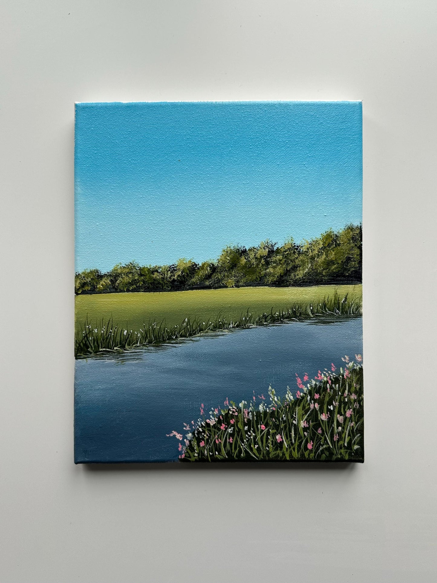 Pink Blooms by the Lake – 8x10 Original Acrylic Landscape Painting