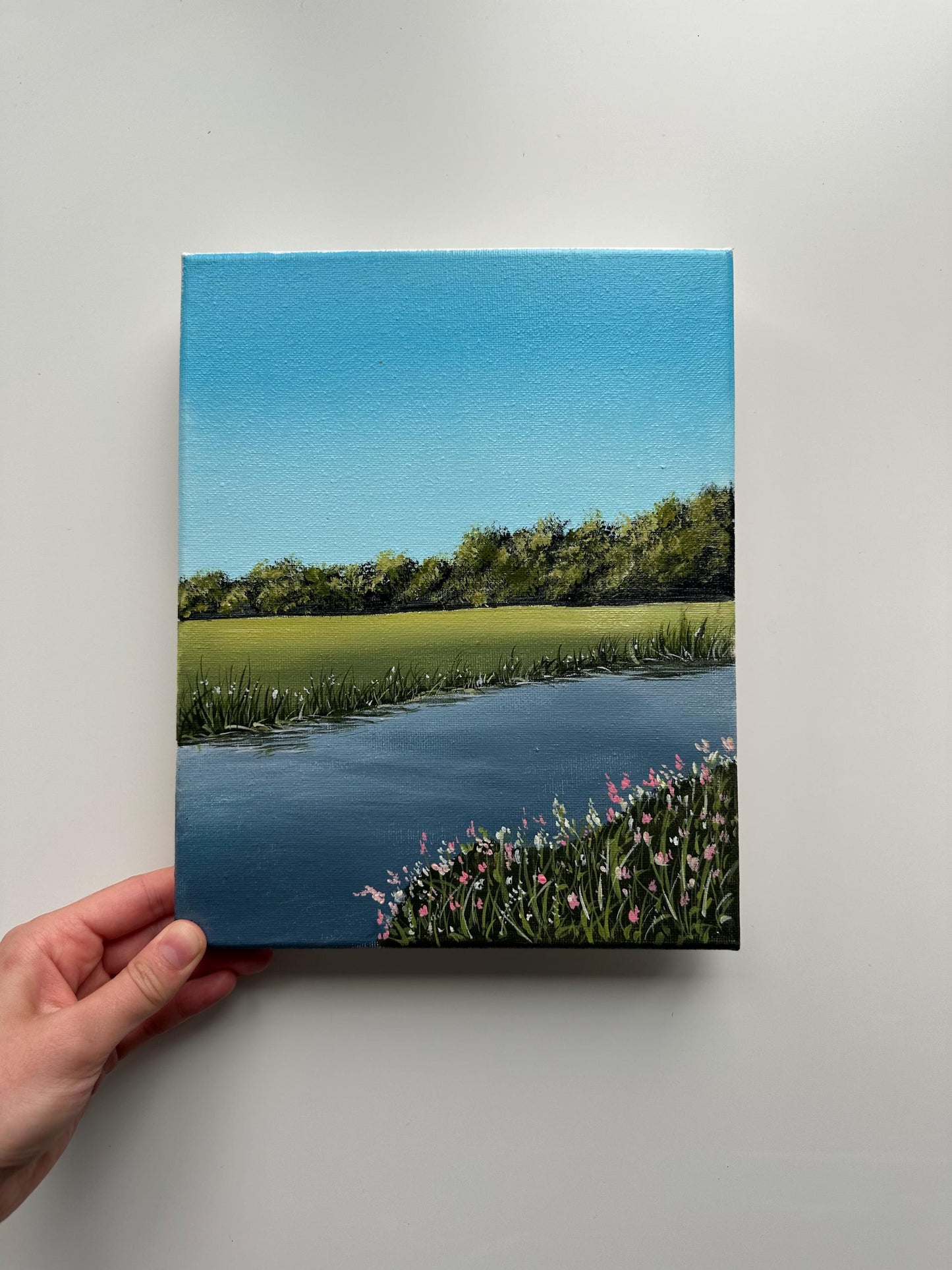 Pink Blooms by the Lake – 8x10 Original Acrylic Landscape Painting