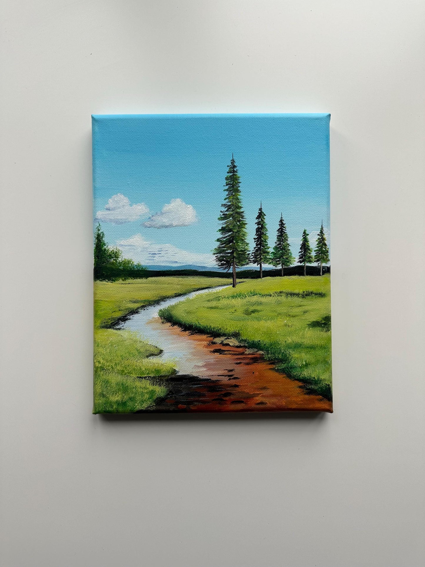Riverbend Through Pine Fields – 8x10  Original Acrylic Landscape Art