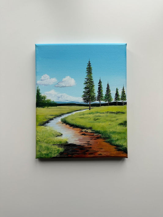 Riverbend Through Pine Fields – 8x10  Original Acrylic Landscape Art