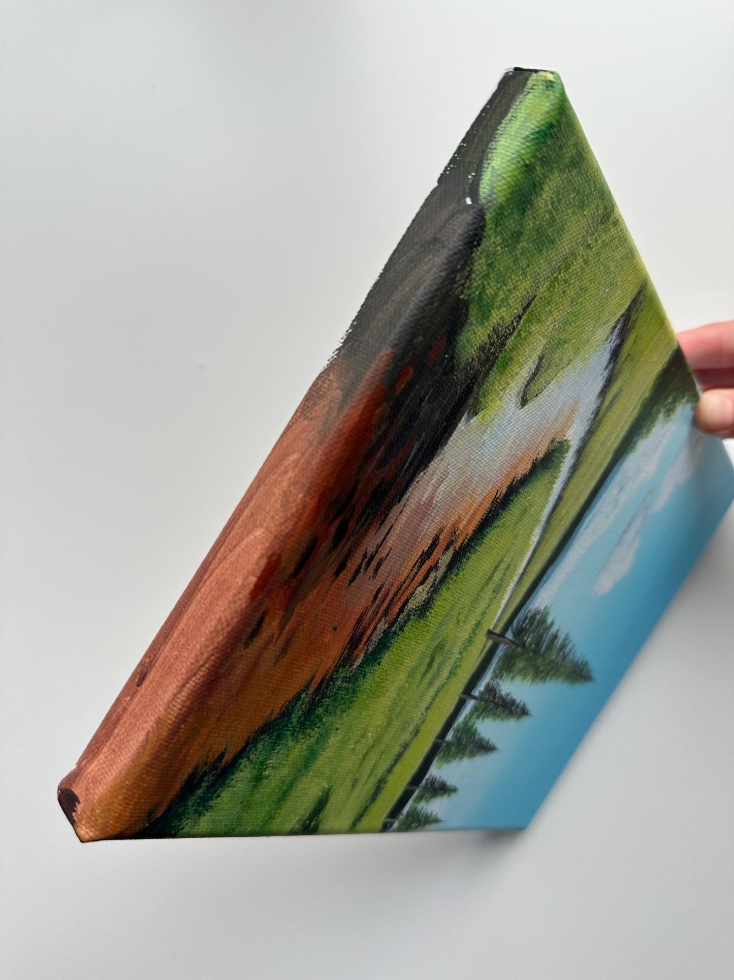Riverbend Through Pine Fields – 8x10  Original Acrylic Landscape Art