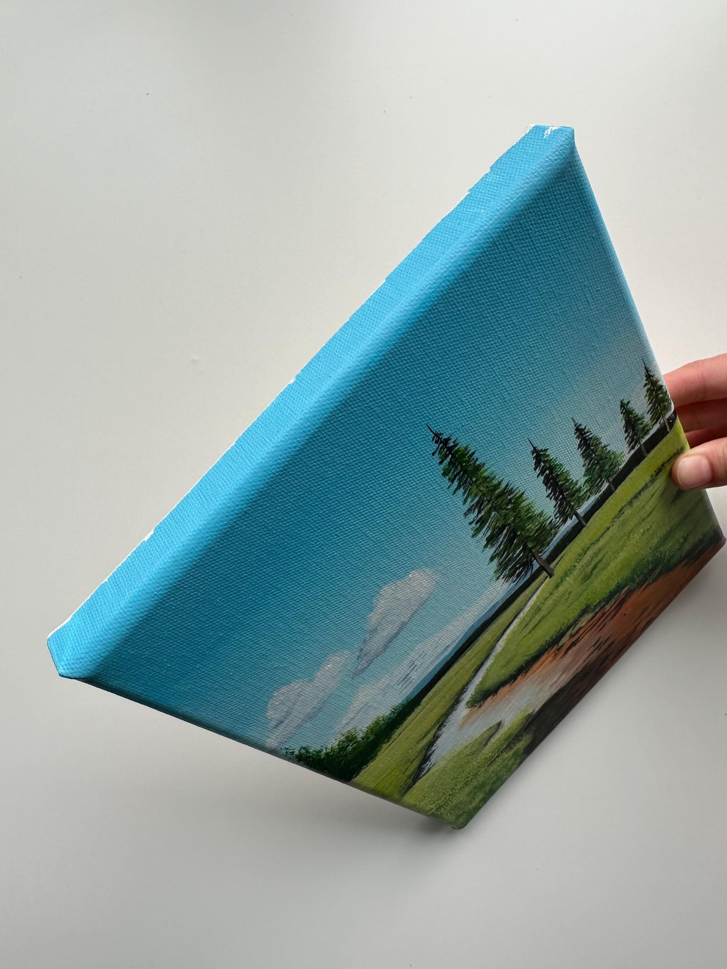 Riverbend Through Pine Fields – 8x10  Original Acrylic Landscape Art