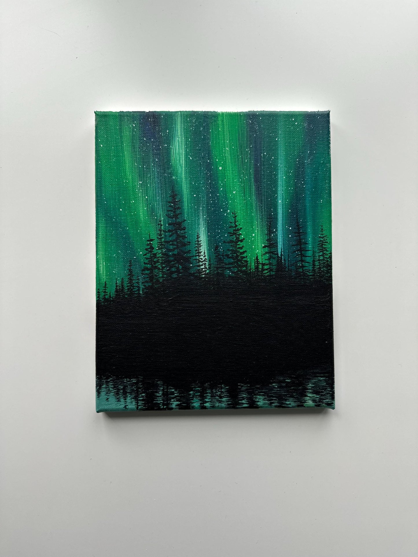 Northern Lights Reflections – 8x10 Original Acrylic Aurora Landscape