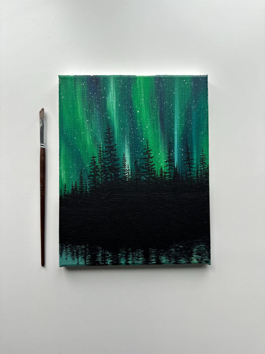 Northern Lights Reflections – 8x10 Original Acrylic Aurora Landscape