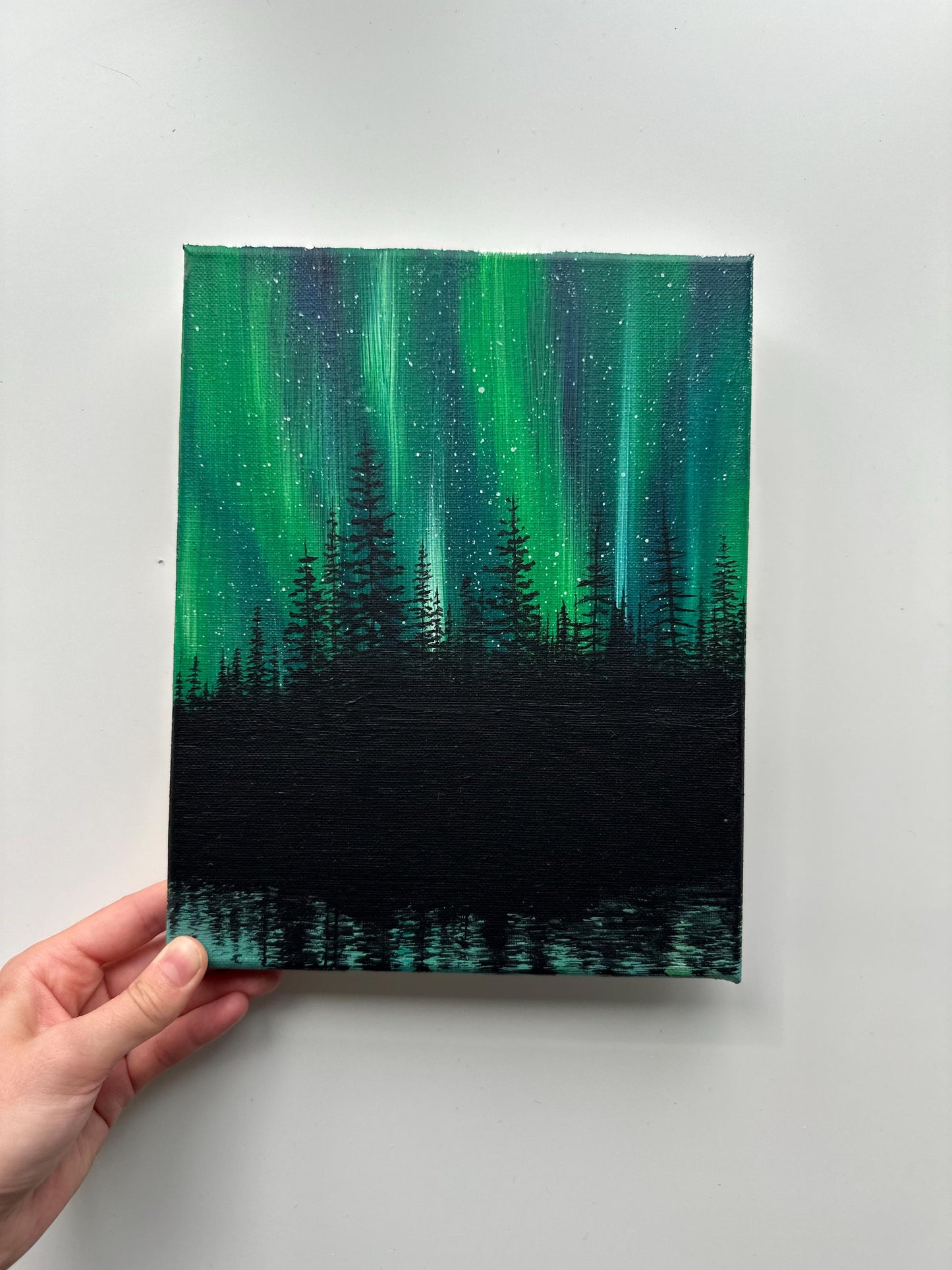 Northern Lights Reflections – 8x10 Original Acrylic Aurora Landscape