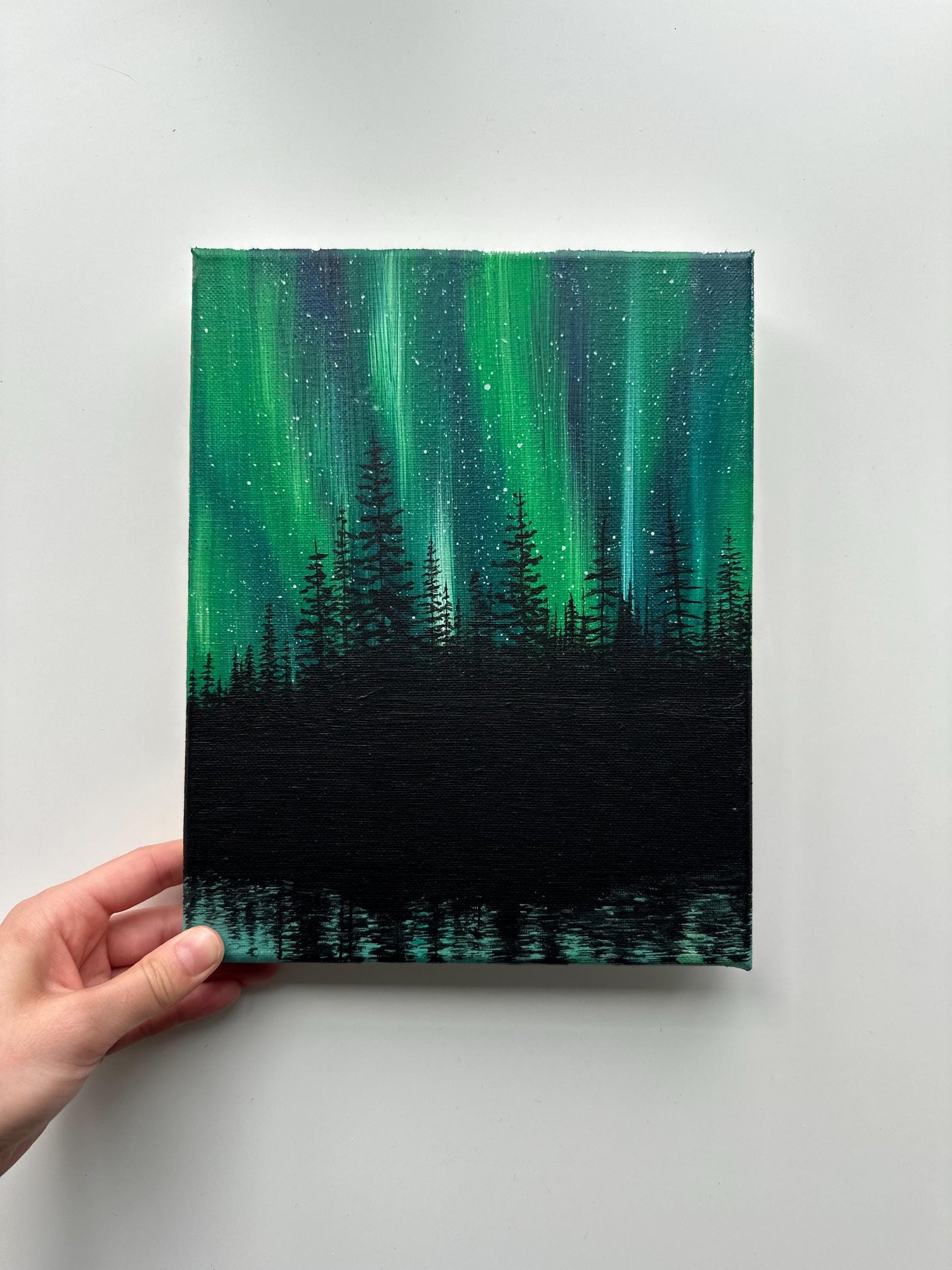 Northern Lights Reflections – 8x10 Original Acrylic Aurora Landscape