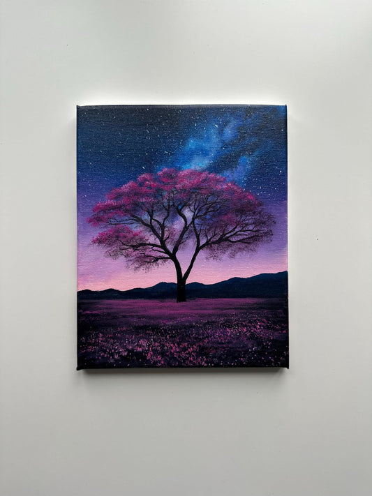 Purple Skies and Galaxy Tree – 8x10 Original Acrylic Night Landscape