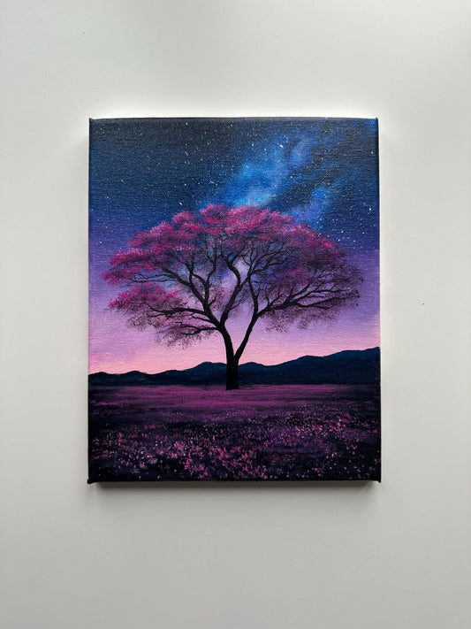 Purple Skies and Galaxy Tree – 8x10 Original Acrylic Night Landscape