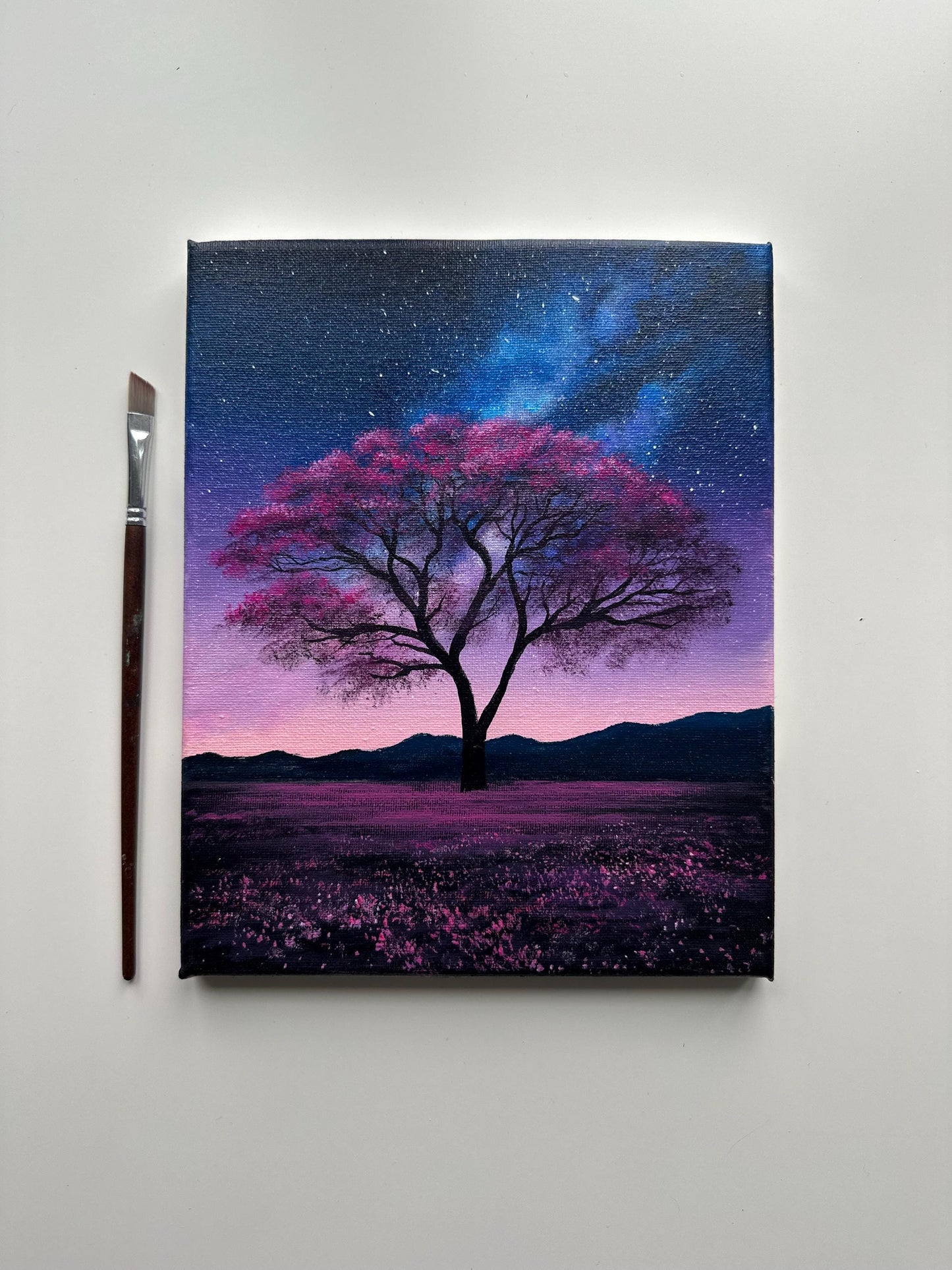 Purple Skies and Galaxy Tree – 8x10 Original Acrylic Night Landscape