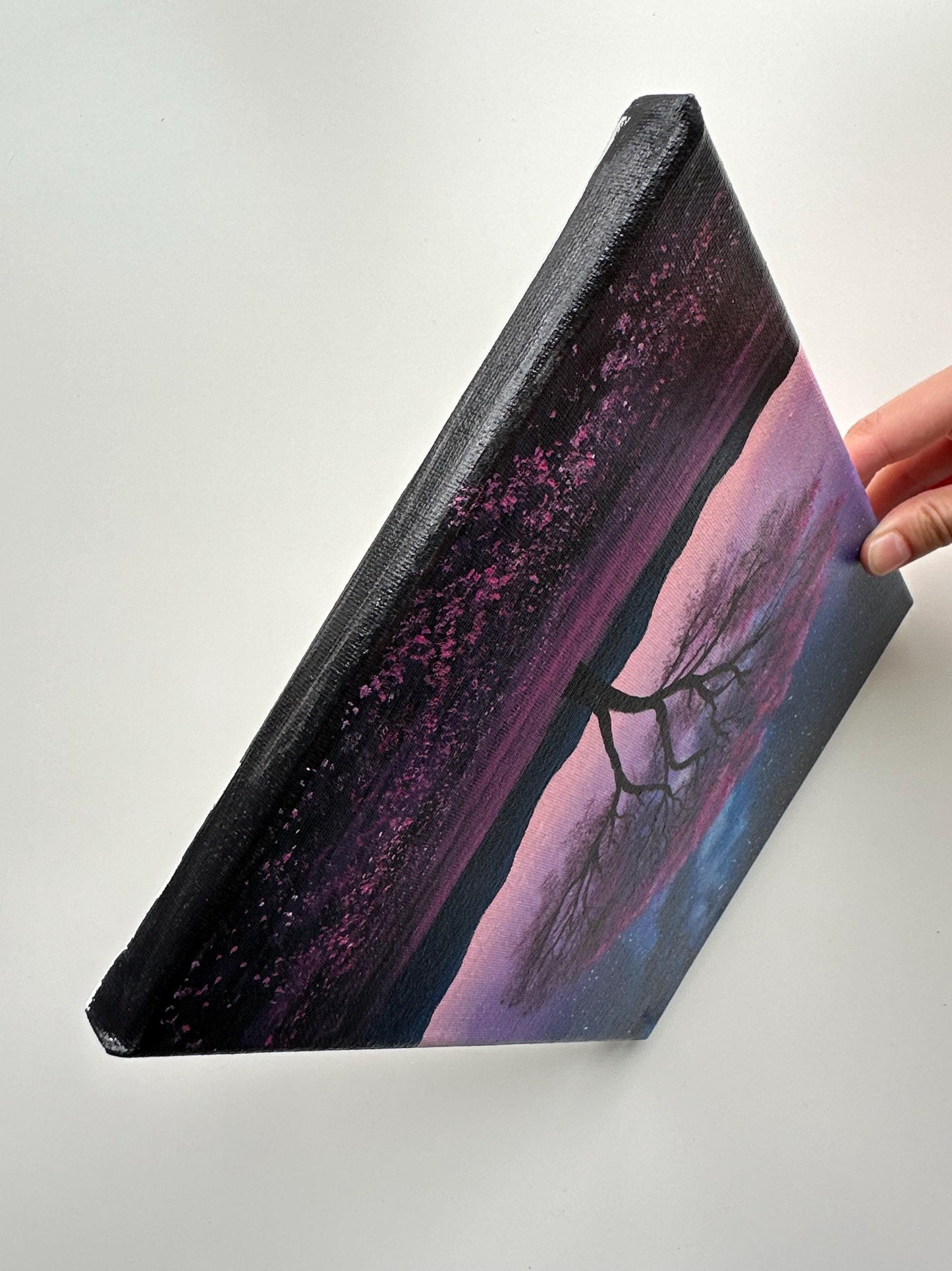 Purple Skies and Galaxy Tree – 8x10 Original Acrylic Night Landscape