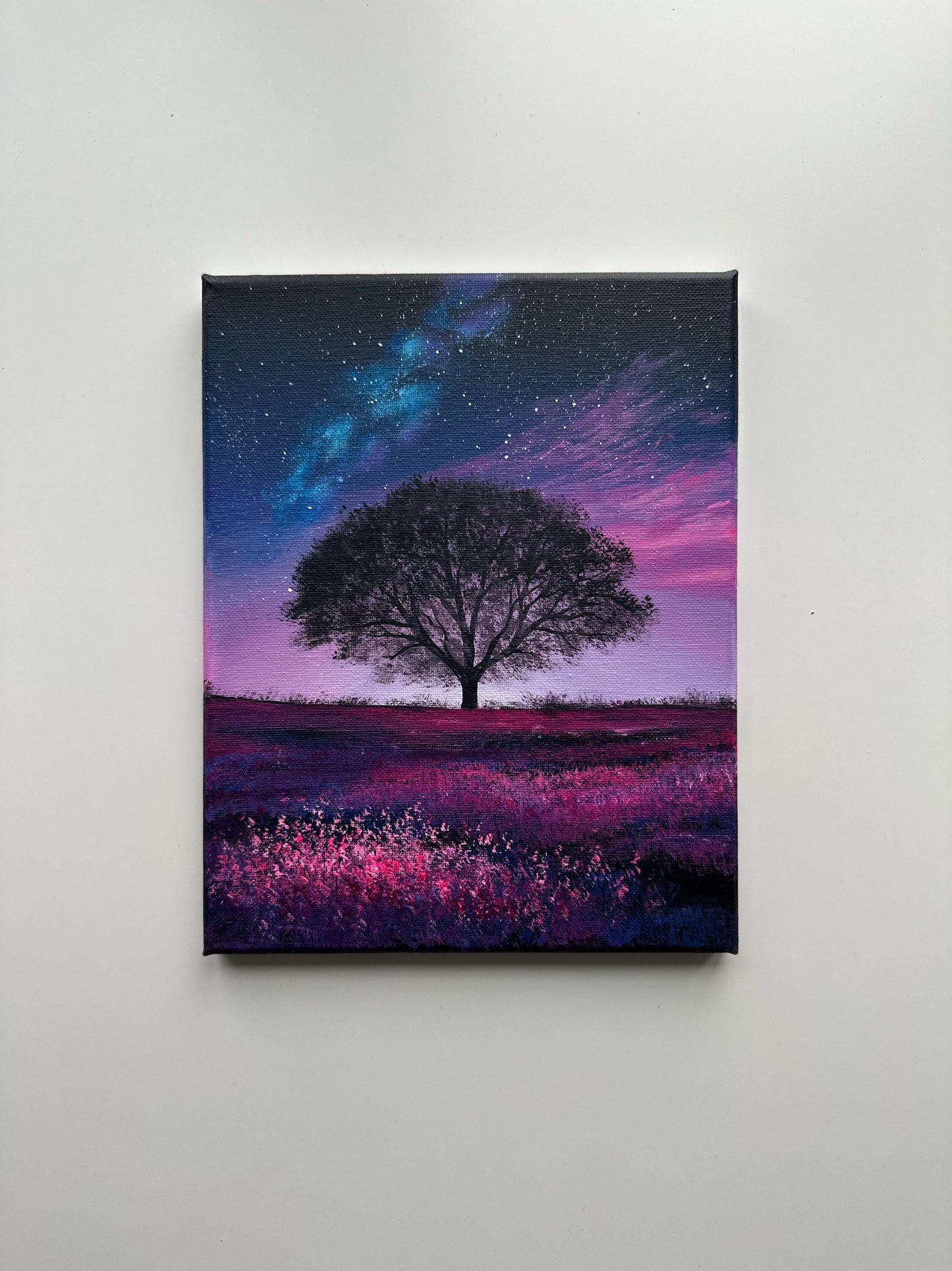 Starry Night Over Wildflower Field – 8x10 Original Acrylic Tree Painting
