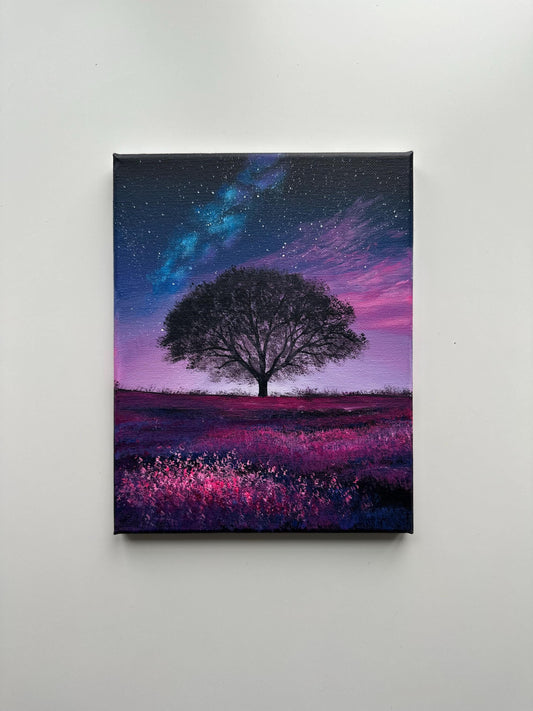 Starry Night Over Wildflower Field – 8x10 Original Acrylic Tree Painting