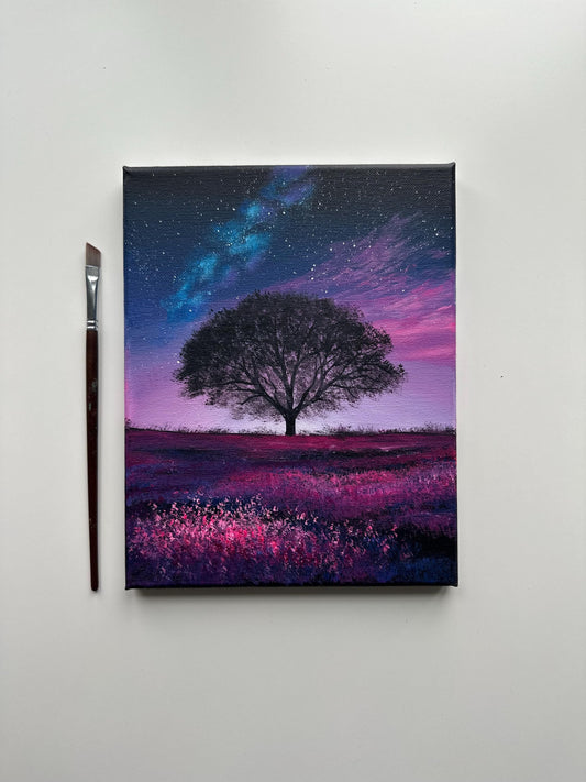 Starry Night Over Wildflower Field – 8x10 Original Acrylic Tree Painting