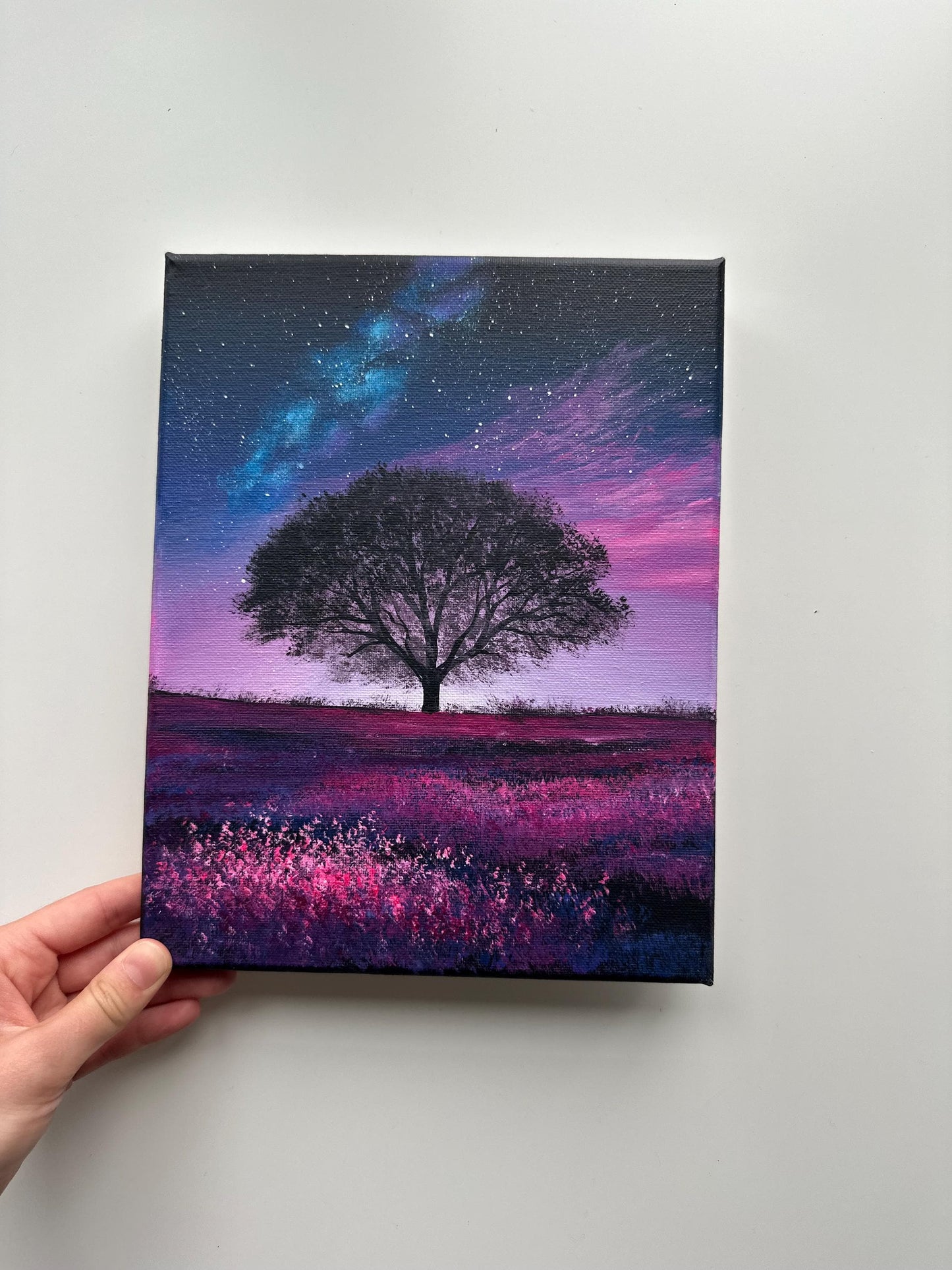 Starry Night Over Wildflower Field – 8x10 Original Acrylic Tree Painting