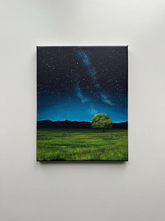 Starlit Green Field – 8x10 Original Acrylic Landscape with Tree