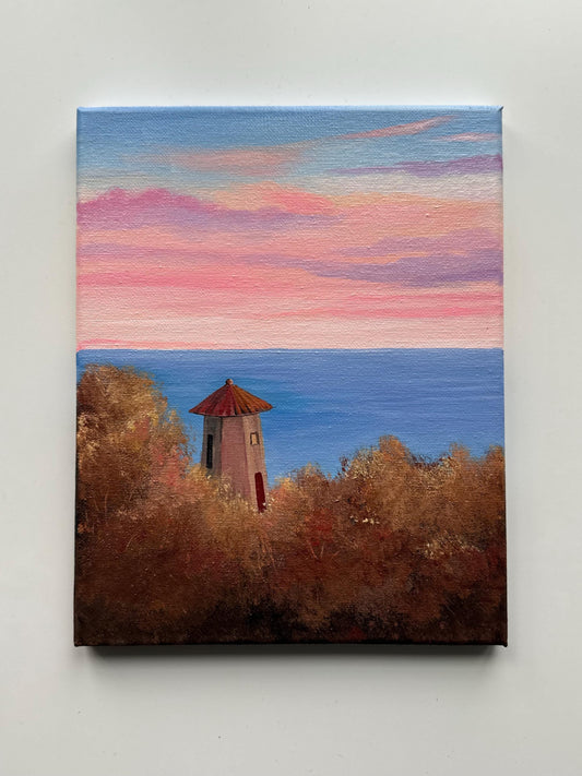 Coastal Serenity: Sunset Over the Lighthouse - Original 8x10” Acrylic Painting