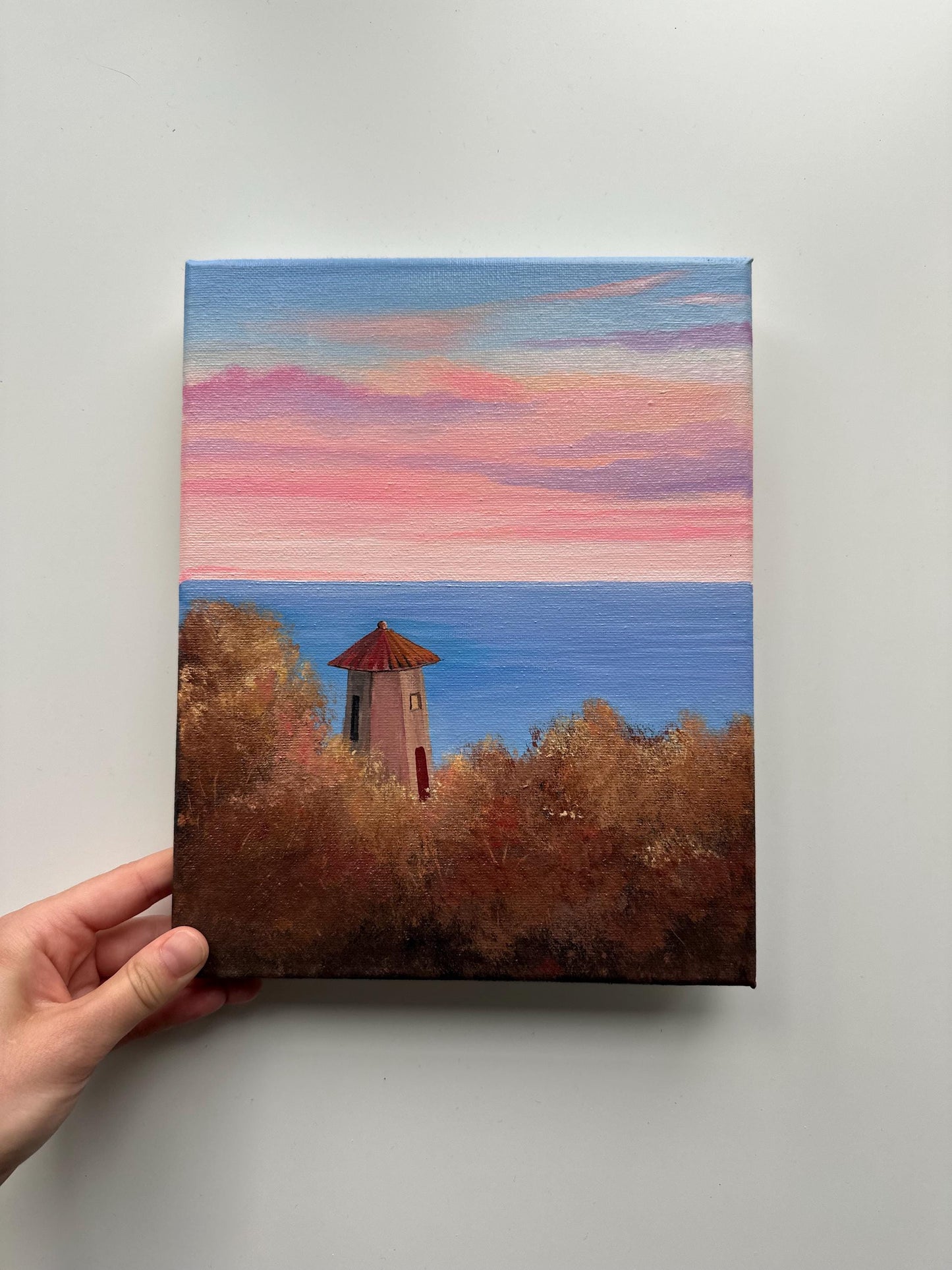 Coastal Serenity: Sunset Over the Lighthouse - Original 8x10” Acrylic Painting