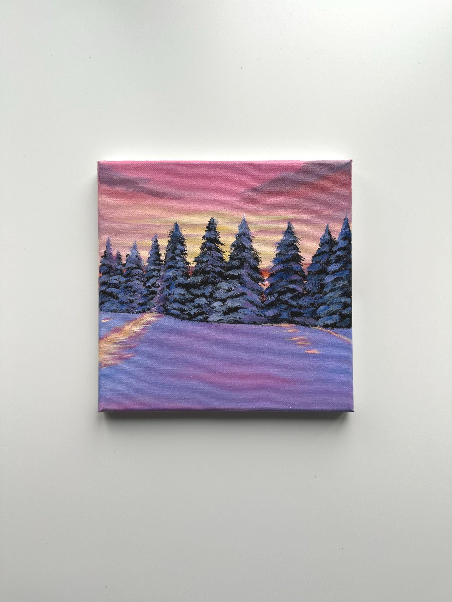 Winter Sunset Acrylic Painting: Snowy Pine Trees, Purple Pink Sky, 8x8 Canvas