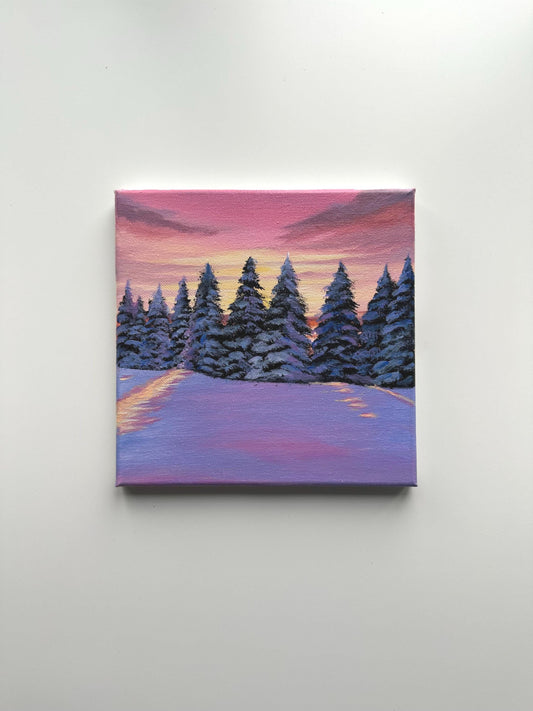 Winter Sunset Acrylic Painting: Snowy Pine Trees, Purple Pink Sky, 8x8 Canvas