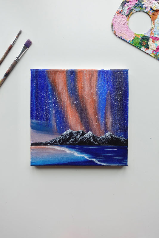 Original Northern Lights Painting: Acrylic Aurora Art on 8x8 Canvas