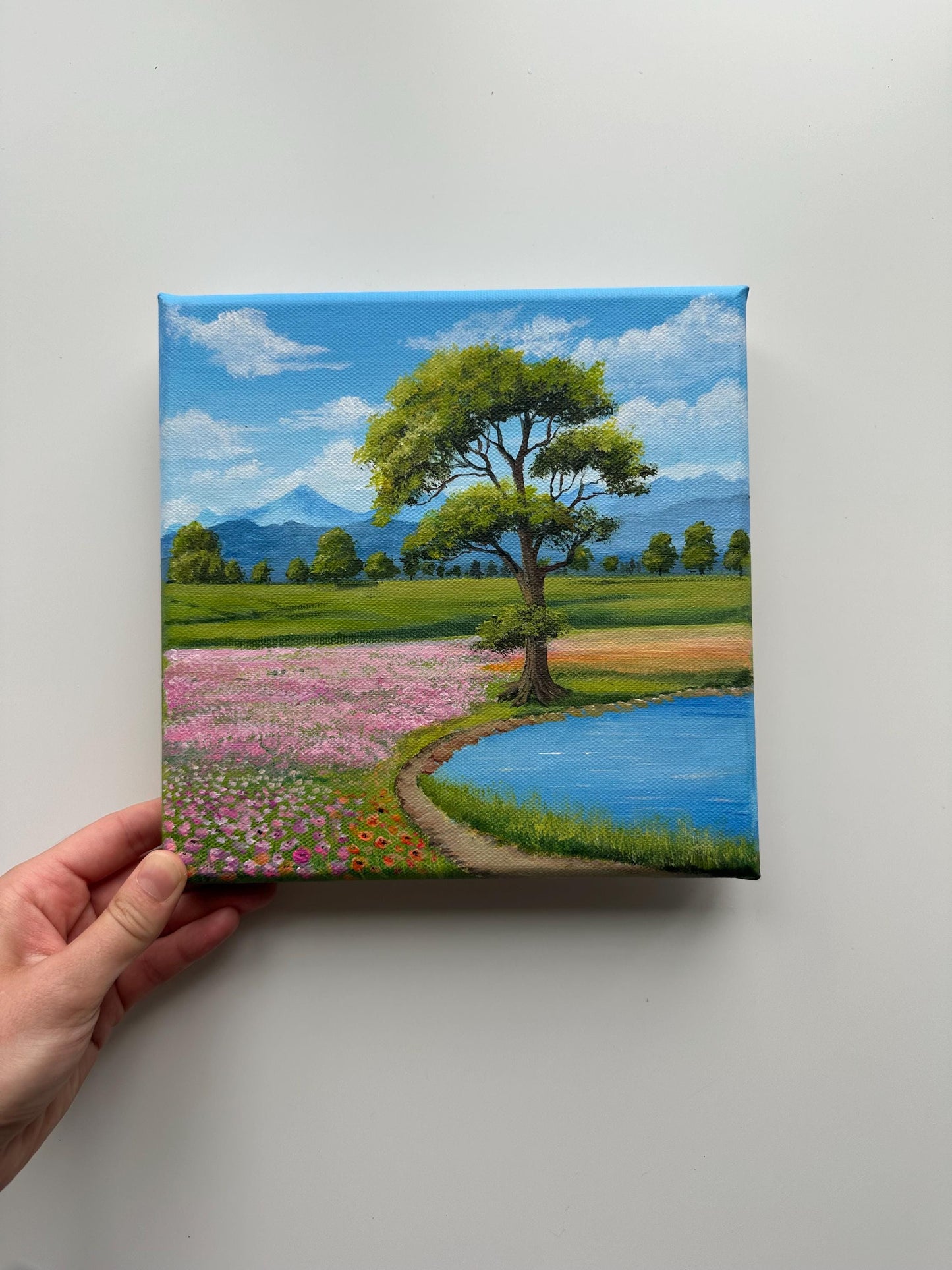 Spring by the Pond – 8x8 Original Acrylic Landscape Painting