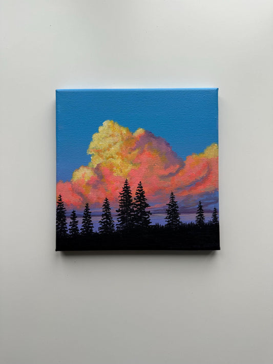 Sunset Clouds – 8x8 Acrylic Painting of Pine Trees and Colorful Sky