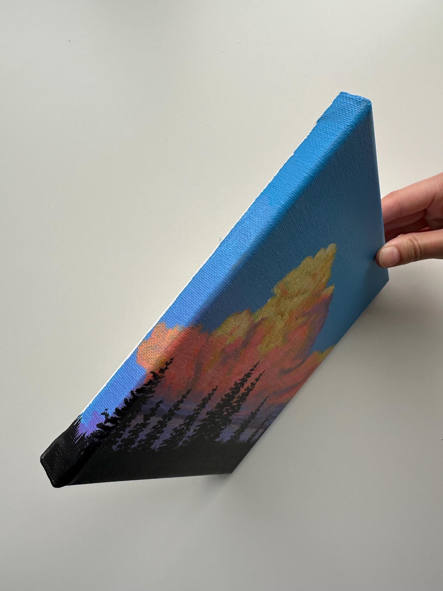 Sunset Clouds – 8x8 Acrylic Painting of Pine Trees and Colorful Sky