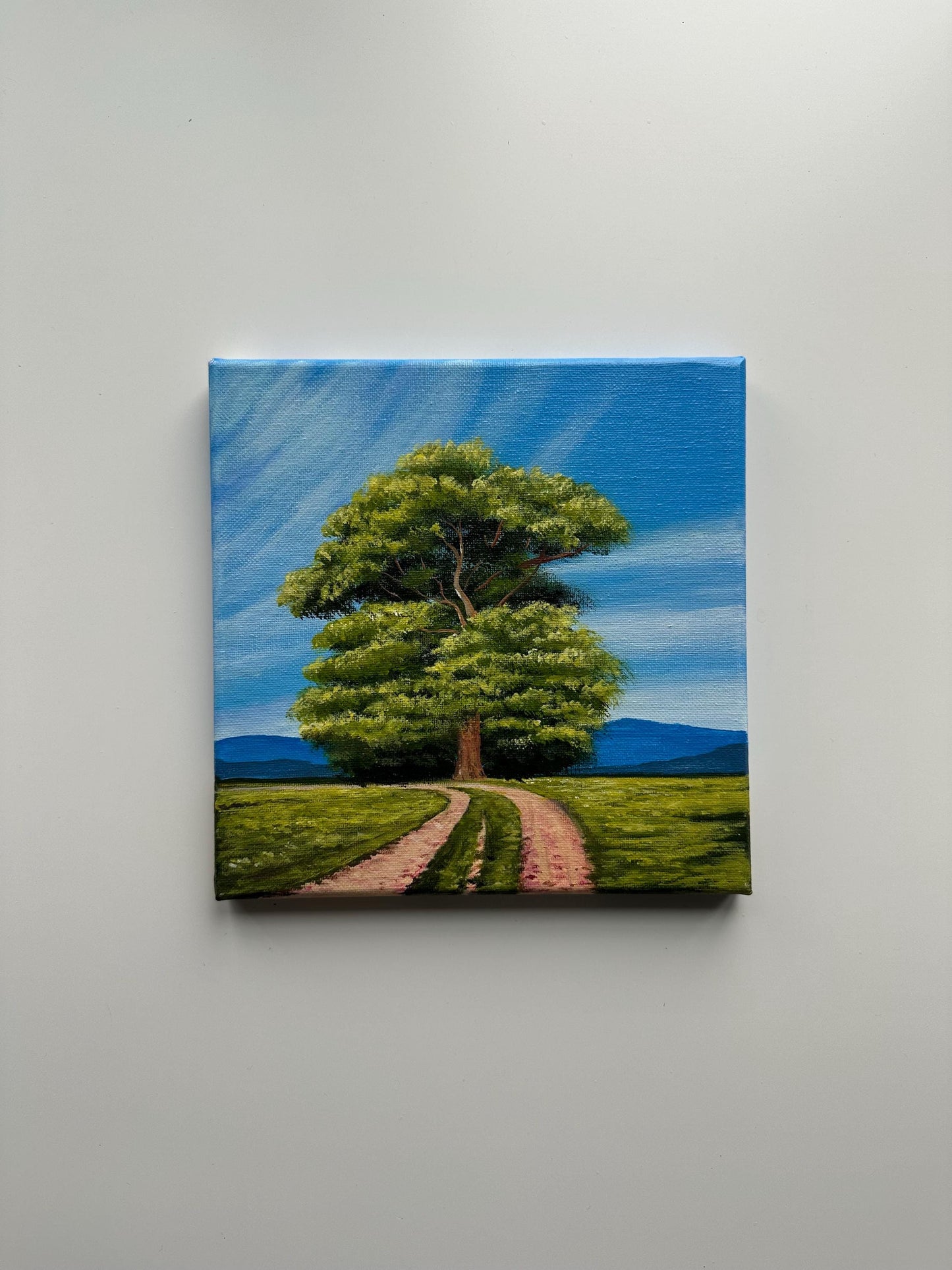 Oak Tree Acrylic Painting: Countryside Road, Original Art 8x8