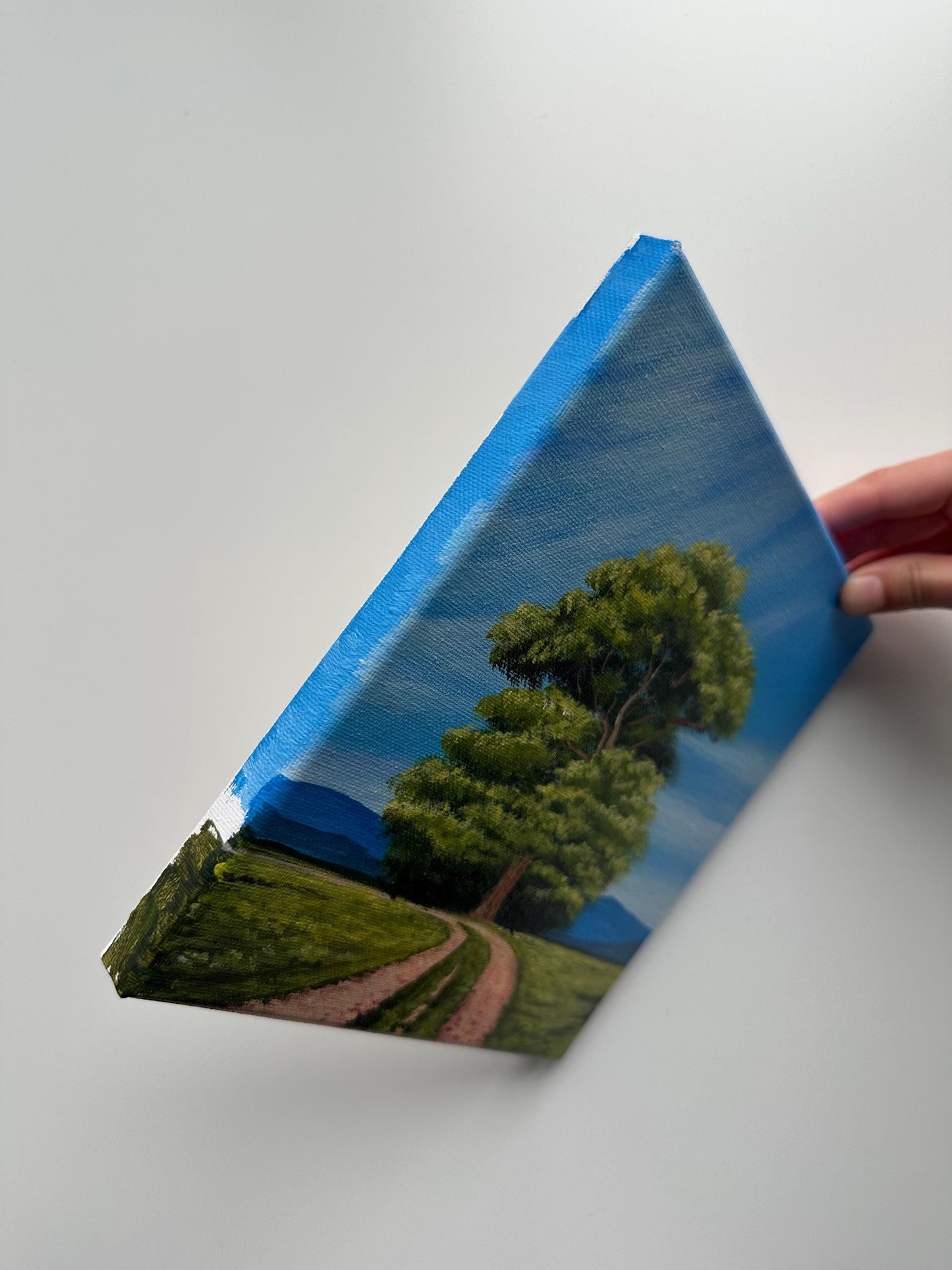 Oak Tree Acrylic Painting: Countryside Road, Original Art 8x8