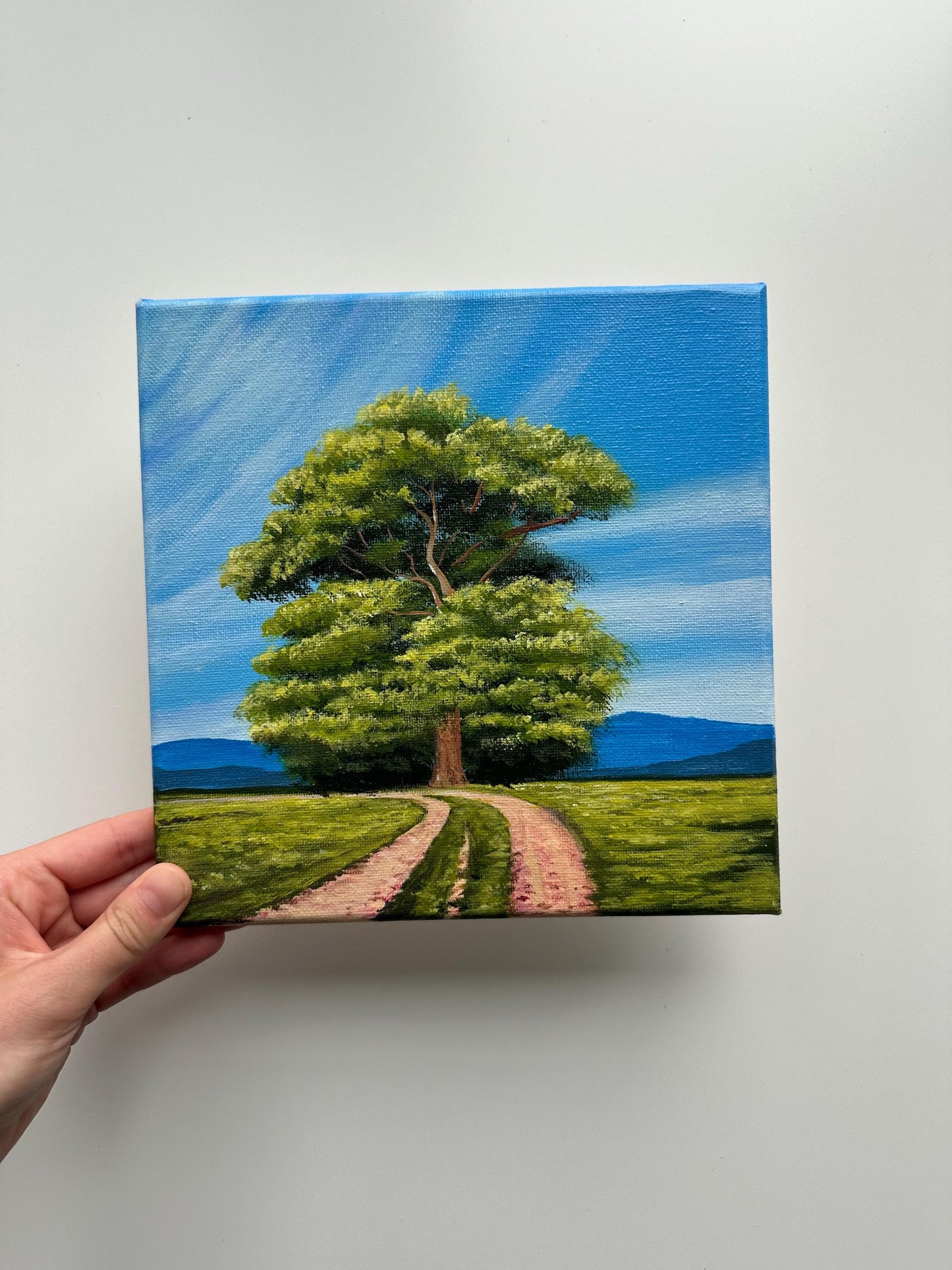 Oak Tree Acrylic Painting: Countryside Road, Original Art 8x8