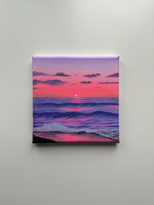 Lavender Sunset Ocean Painting: Coastal Acrylic Seascape Art 8x8
