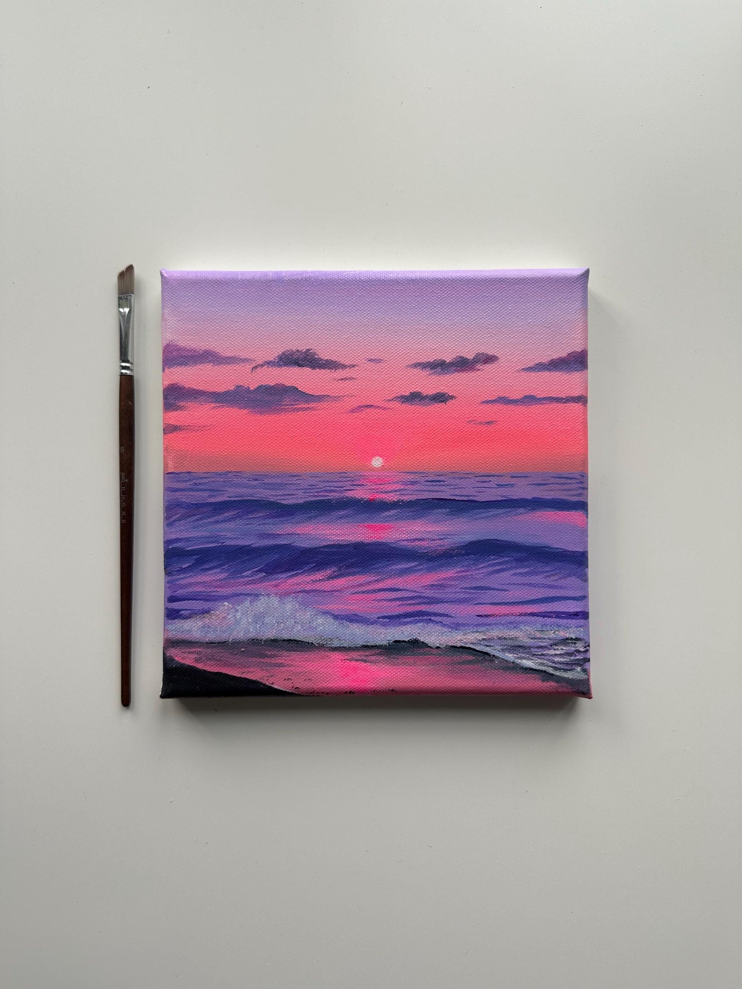 Lavender Sunset Ocean Painting: Coastal Acrylic Seascape Art 8x8
