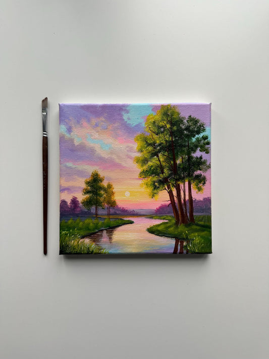 Golden Hour Reflection – Serene Sunset River Landscape 8”x8” Original Acrylic Painting
