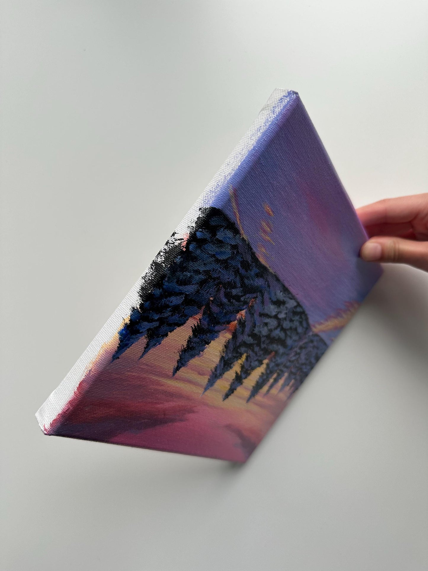 Winter Sunset Acrylic Painting: Snowy Pine Trees, Purple Pink Sky, 8x8 Canvas