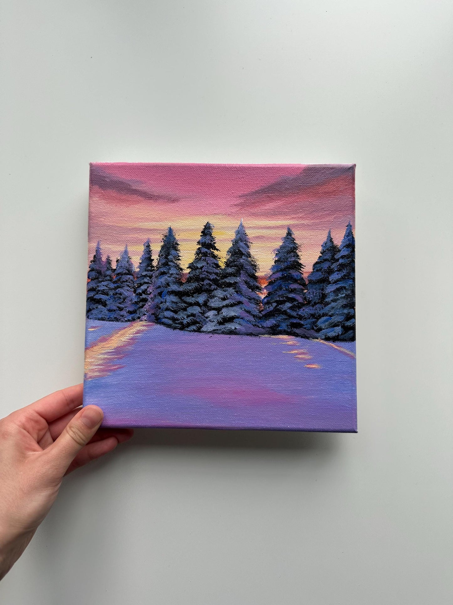Winter Sunset Acrylic Painting: Snowy Pine Trees, Purple Pink Sky, 8x8 Canvas