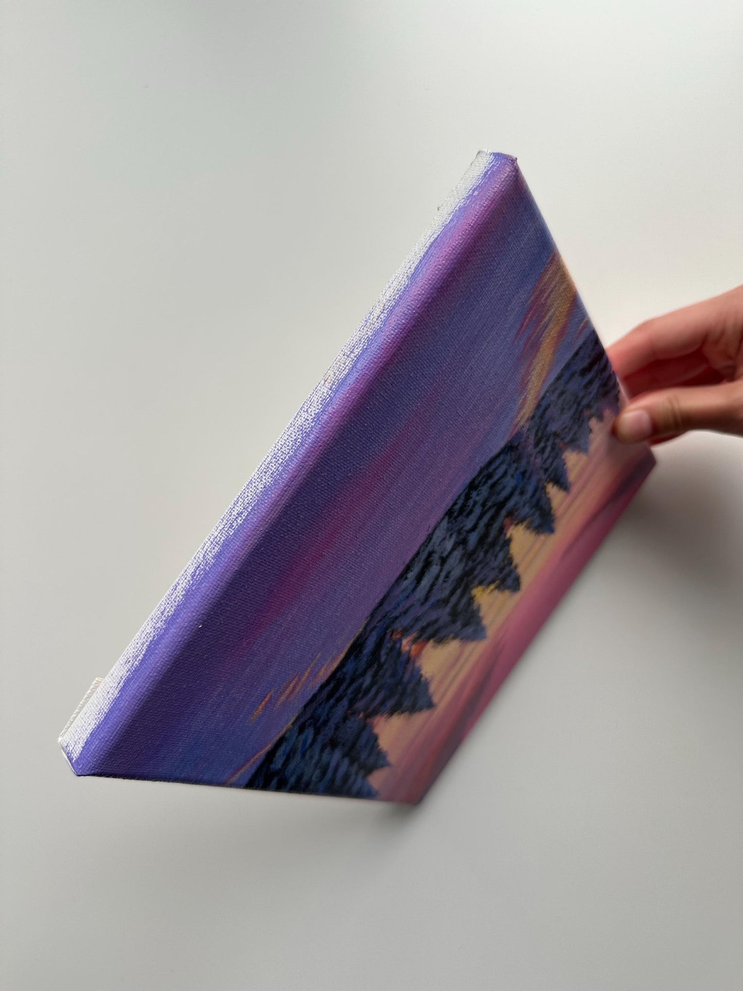 Winter Sunset Acrylic Painting: Snowy Pine Trees, Purple Pink Sky, 8x8 Canvas