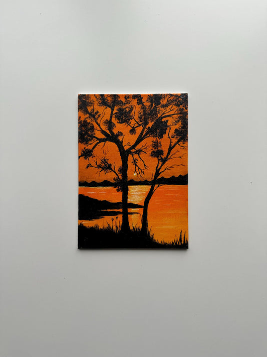 Lakeside Sunset Painting: Original Acrylic Landscape Art, 5x7 Canvas Board
