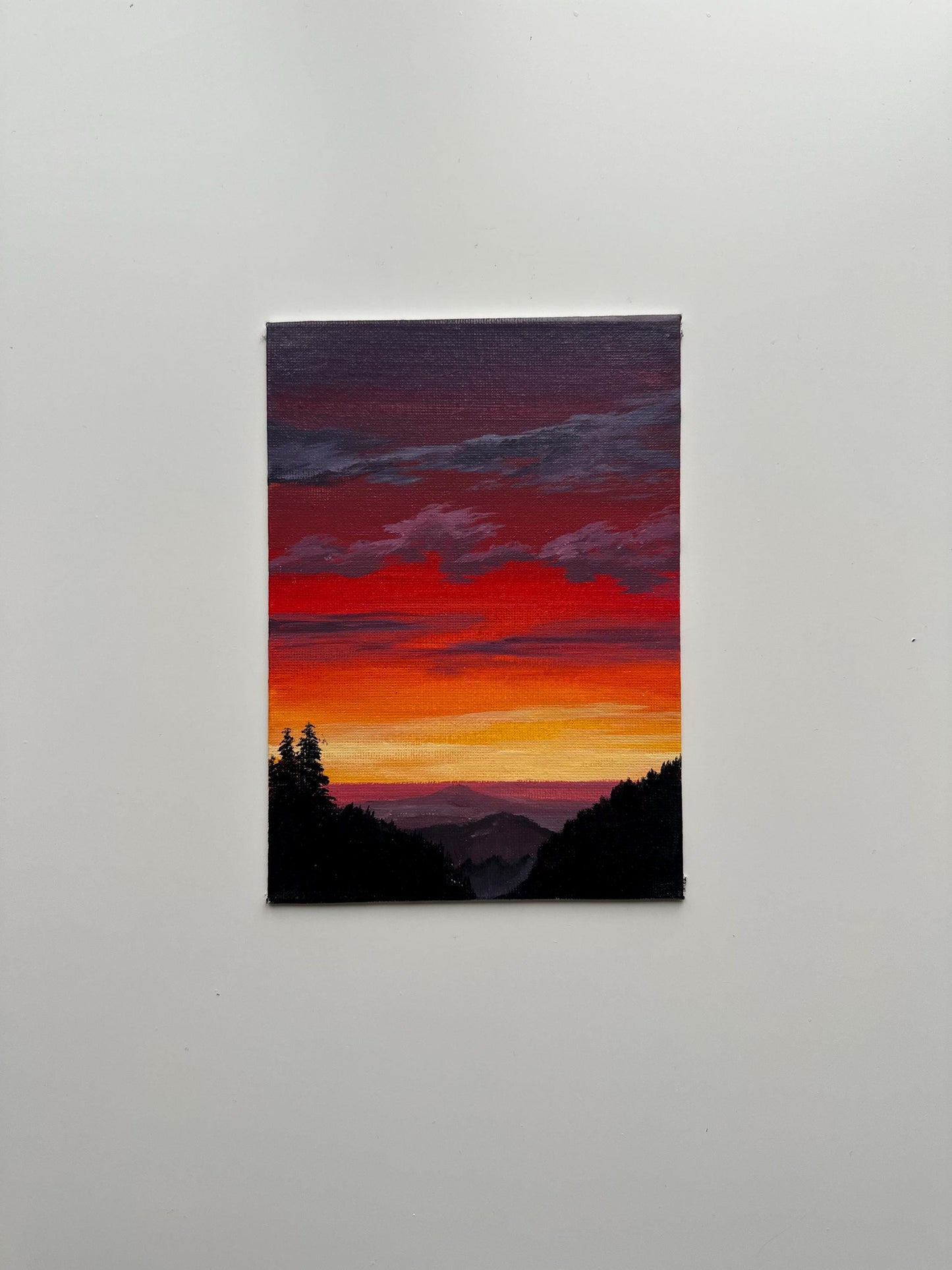 Mountain Sunset Acrylic Painting: 5x7 Hand-Painted Landscape Art