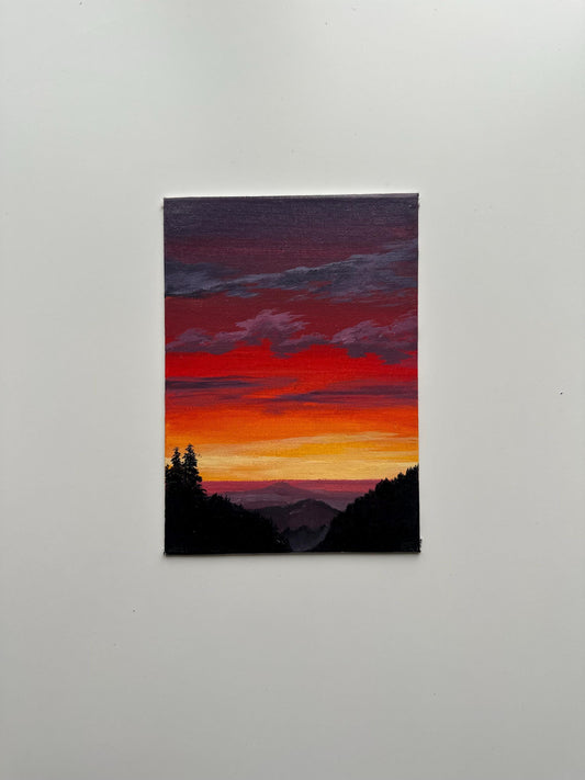 Mountain Sunset Acrylic Painting: 5x7 Hand-Painted Landscape Art
