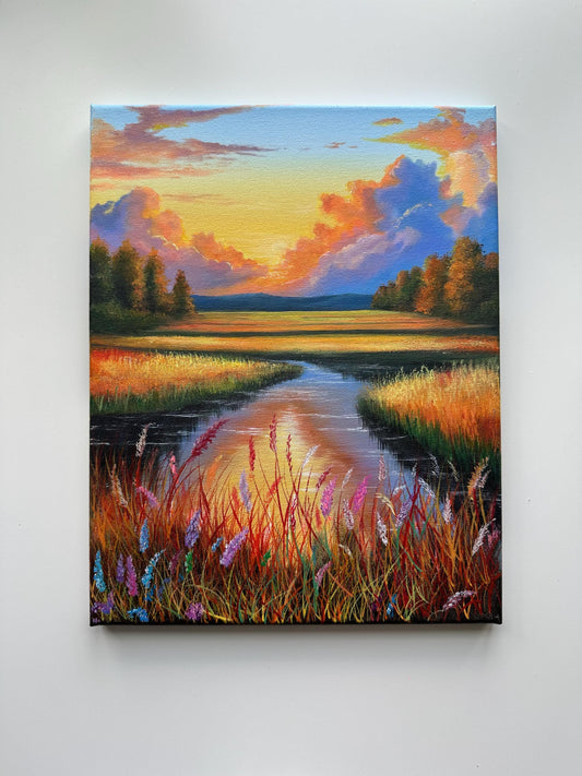 Golden Horizon – Sunset Reflection Acrylic Painting on 11x14 Canvas