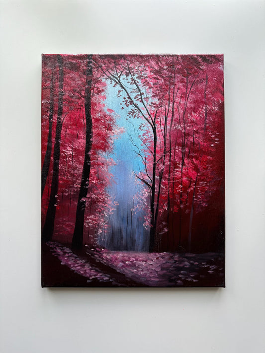 Crimson Silence – Enchanted Forest Acrylic Painting on 11x14 Canvas