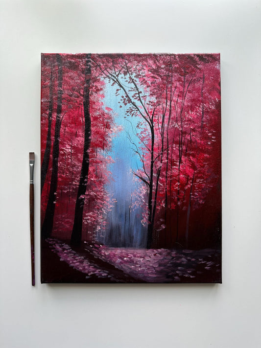 Crimson Silence – Enchanted Forest Acrylic Painting on 11x14 Canvas