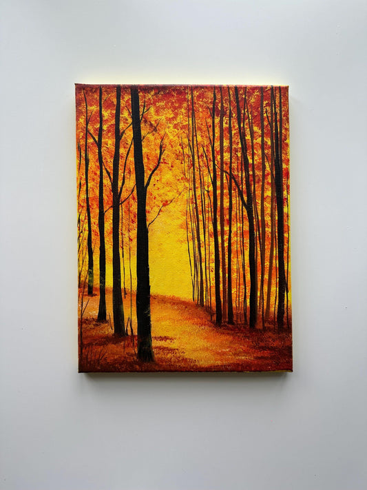 Original Autumn Woods Acrylic Painting - Golden Hour Forest Art (9x12 Canvas)