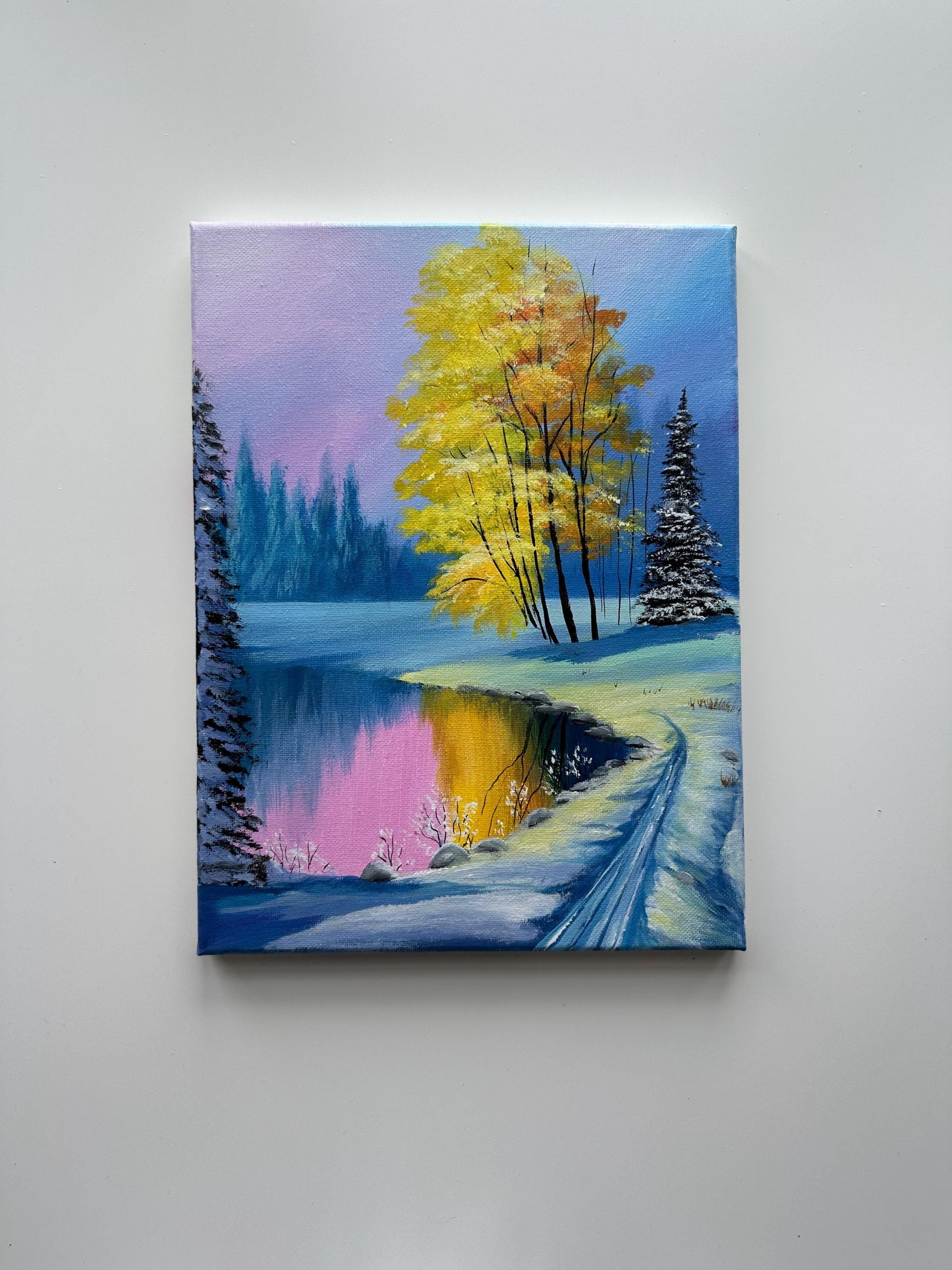 Original Winter Lake Acrylic Painting – Snowy Forest Scene, 9x12 Canvas