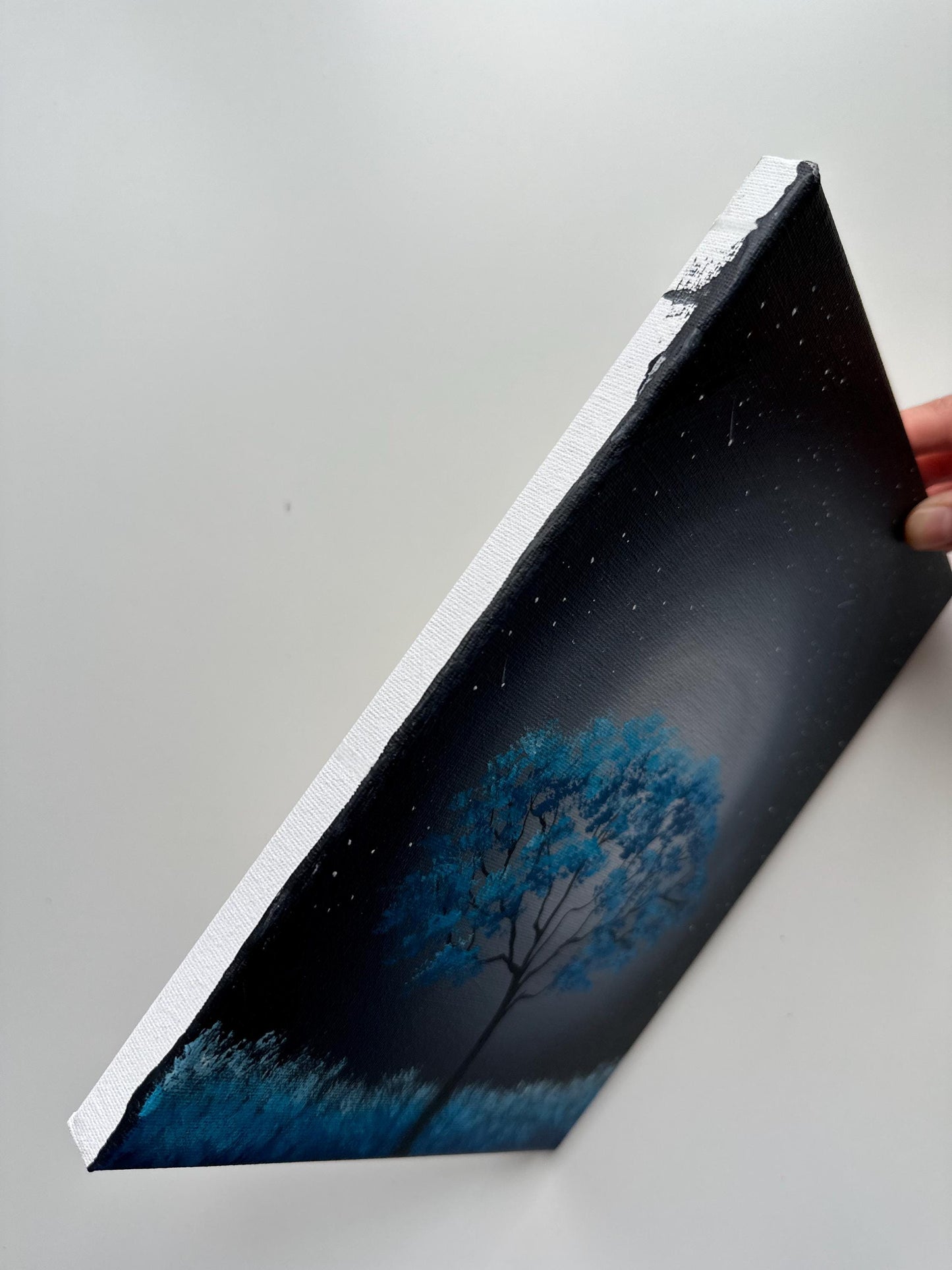 Night Whisper – Original 8x10 Acrylic Painting of a Tree Under Starlight