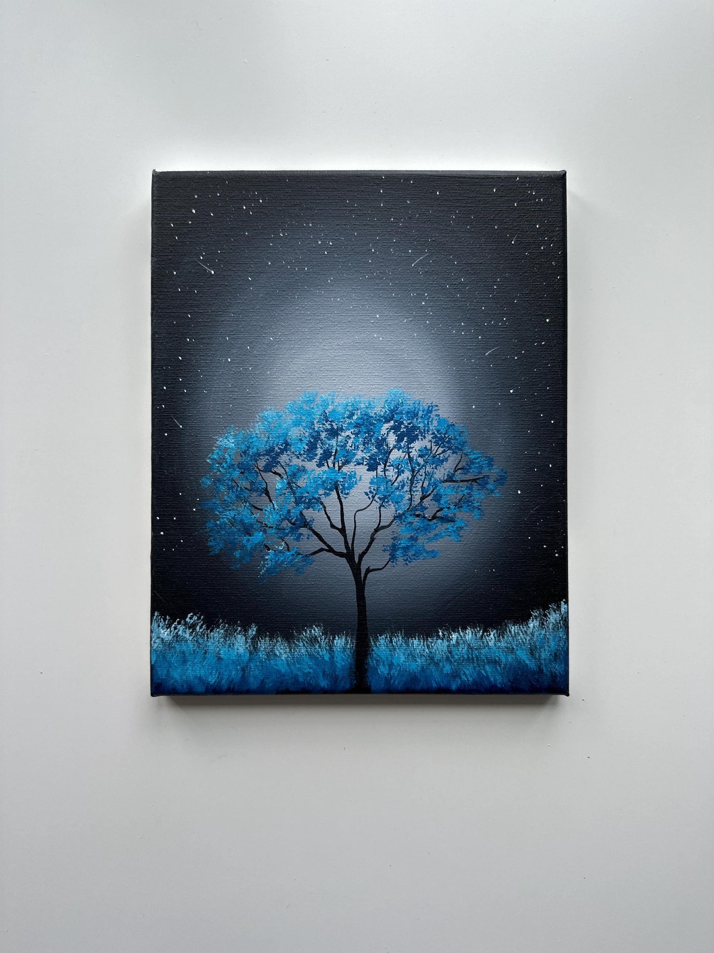 Night Whisper – Original 8x10 Acrylic Painting of a Tree Under Starlight
